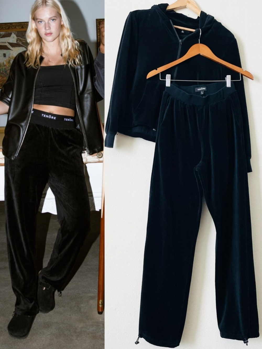 Tenore SMALL/XS Velour zip up hoodie and pants set in black